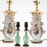 5654908: Pair of Victorian Floral Painted Spill Vases Mounted
 as Lamps and Two Others EV1DF