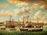 5565203: British School, Men O'War on the Thames, Greenwich, Oil on Canvas E9VDL