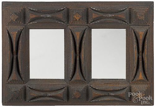 Tramp art carved double frame, early 20th c., with multiple tiers and unique patterns, 19 3/4'' x 14''