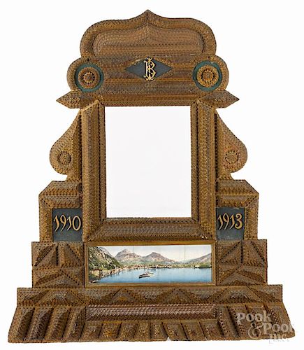 Tramp art carved frame, dated 1910-1913, with intertwined initials IB