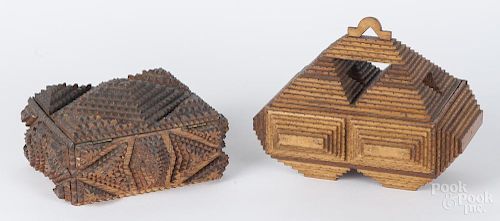 Two tramp art carved trinket boxes, ca. 1900, 6 1/2'' h., 8 1/4'' w., 6 3/4'' d. and 3 1/2'' h., 8'' w.