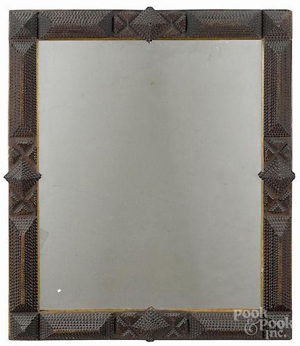 Tramp art carved mirror, ca. 1900, overall - 27'' x 22 3/4''.