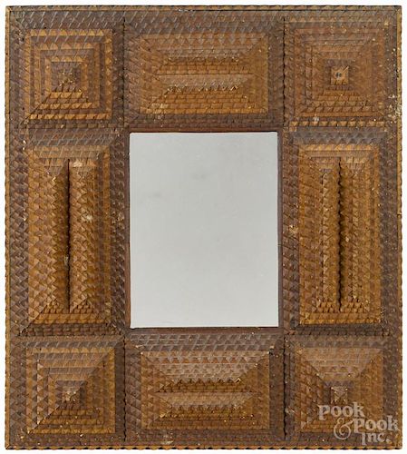 Tramp art carved mirror, ca. 1900, overall - 17'' x 15''.