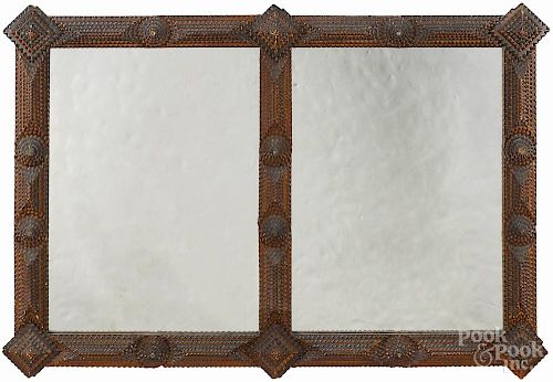 Large tramp art carved double mirror, ca. 1900, overall - 26'' x 37''.