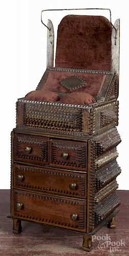 Tramp art carved and painted sewing box, ca. 1900, with silver highlights, 18'' h., 8'' w.
