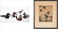 5565321: Frank W. Benson (1862-1951), Etching and 4 Duck Decoys and a Bird E9VDJ