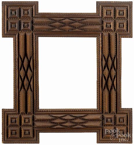 Tramp art carved frame, ca. 1900, overall - 20'' x 18 1/2'', rabbet - 10 1/2'' x 8 3/4''.