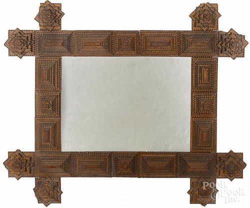 Tramp art carved mirror, ca. 1900, overall - 37'' x 32''.