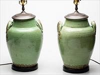 5565259: Pair of Glazed Earthenware Pots Now Mounted as Lamps E9VDF