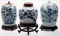 5565210: Pair of Chinese Blue and White Ovoid Jars and a Ginger Jar E9VDC