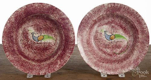 Two red spatterware peafowl soup bowls, 19th c. 9 3/4'' dia.