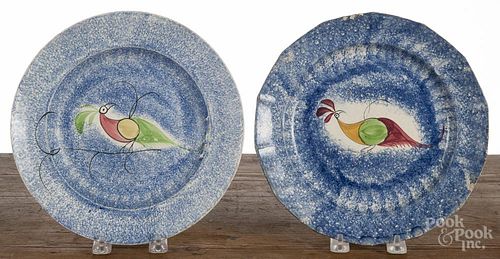 Three spatter peafowl plates, 19th c., to include two blue examples, 9 1/2'' dia.