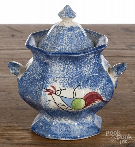 Blue spatter peafowl sugar bowl, 19th c., 5 1/4'' h.