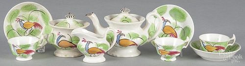 Child's green nine-piece spatter peafowl tea service, 19th c., teapot - 4 1/2'' h.