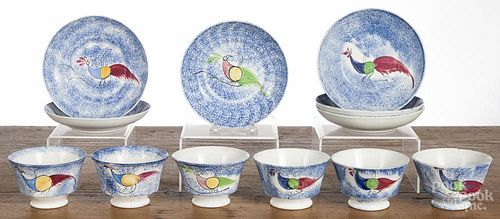 Set of six spatter peafowl cups and saucers, 19th c.