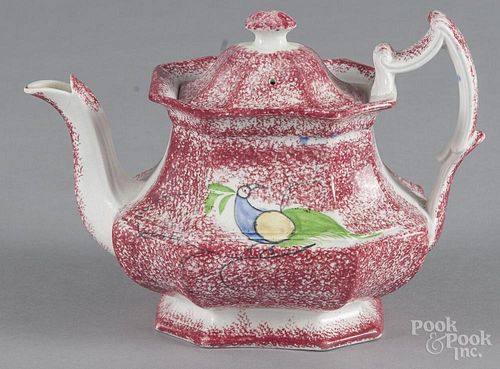 Red spatter peafowl teapot, 19th c., 7 1/4'' h.