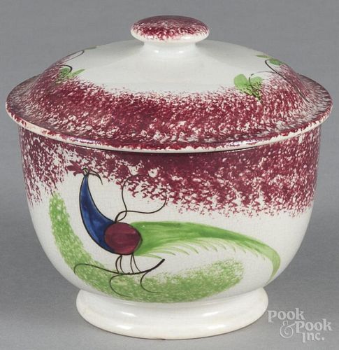 Red spatter peafowl covered sugar bowl, 19th c.