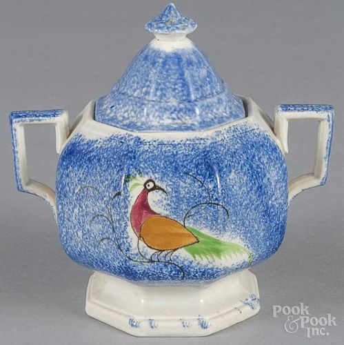 Blue spatter peafowl covered sugar bowl, 19th c., 7 1/2'' h.
