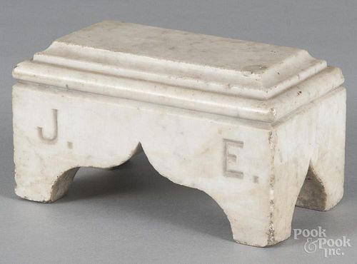 Marble sarcophagus doorstop, 19th c., initialed J. E., 4 1/4'' h., 7 1/4'' w.