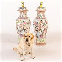 5565035: Two Similar Large Chinese Famille Rose Decorated
 Porcelain Covered Vases, Modern E9VDC