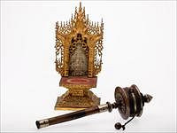 5565180: Burmese Giltwood and Glass Altar and a Tibetan Prayer Wheel E9VDC