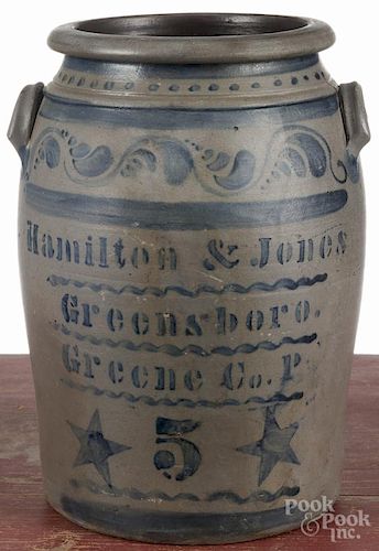 Pennsylvania five-gallon stoneware crock, 19th c., stenciled Hamilton & Jones Greensboro