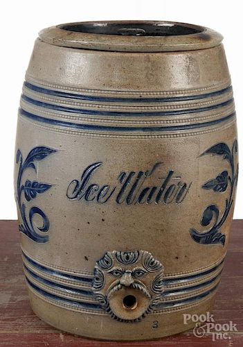 New Jersey three-gallon stoneware Ice Water cooler, 19th c., attributed to Wingender Pottery