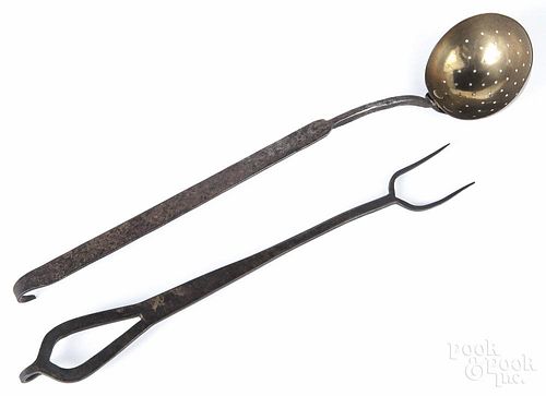 Wrought iron flesh fork and strainer, 19th c., 14'' l. and 12'' l.