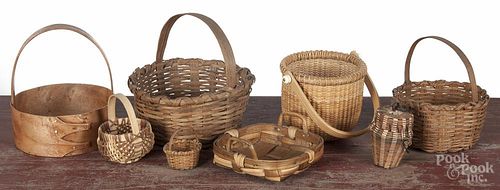 Eight contemporary splint baskets, to include miniatures and a Nantucket basket with a swing handle