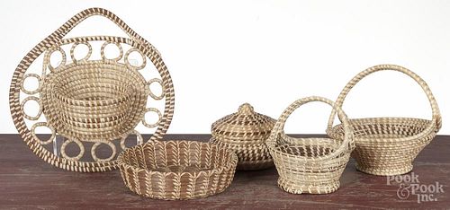 Five contemporary sweet grass woven baskets, wall pocket - 13'' dia.