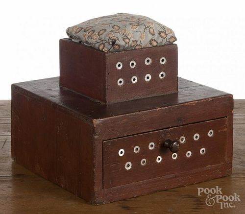 Stained pine sewing box, 19th c., with mother of pearl escutcheons around string holes in top