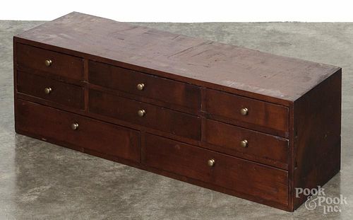 Mahogany and oak drawered cabinet, 19th c., 11'' h., 34'' w.