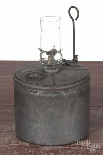 Tin Armspear fluid lamp, early 20th c., 7 1/2'' h.