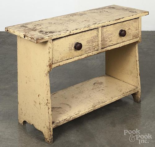 Pennsylvania painted pine mortised bench, 19th c., with two drawers in the apron