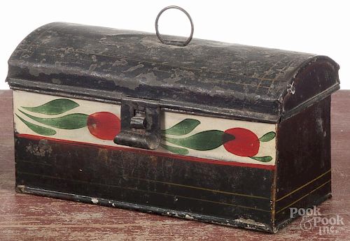 Toleware document box, 19th c., with a floral band on a white background, 3 3/4'' h., 6 1/2'' w.