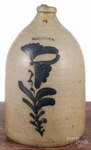 New York two-gallon stoneware jug, 19th c., impressed White's Utica, with cobalt floral decoration
