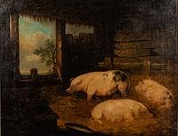 5565278: American School, Pigs in a Barn, Oil on Canvas E9VDL