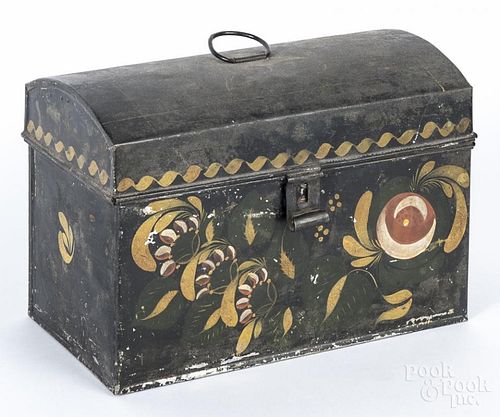 Toleware document box, 19th c., with floral decoration, 6 1/4'' h., 9'' w.