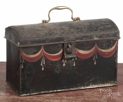 Two tin toleware document boxes, 19th c., with swag decoration, 3 1/2'' h., 8'' w. and 5 1/2'' h.