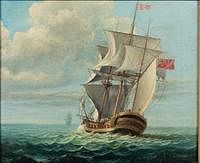 5565285: Richards (probably British, 19th Century), Masted
 Ship at Full Sail, Oil on Canvas E9VDL