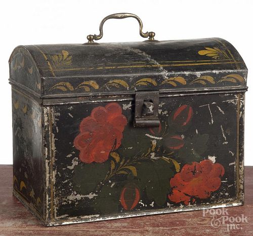 Tin toleware document box, 19th c., with floral decoration, 7 1/2'' h., 9 1/2'' w.