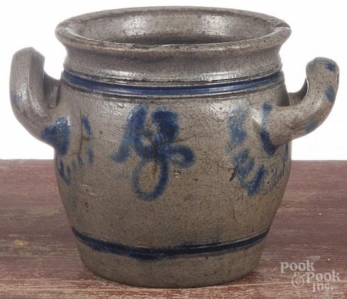 Stoneware crock, 19th c., with cobalt decoration and exaggerated applied handles, 5 1/2'' h.