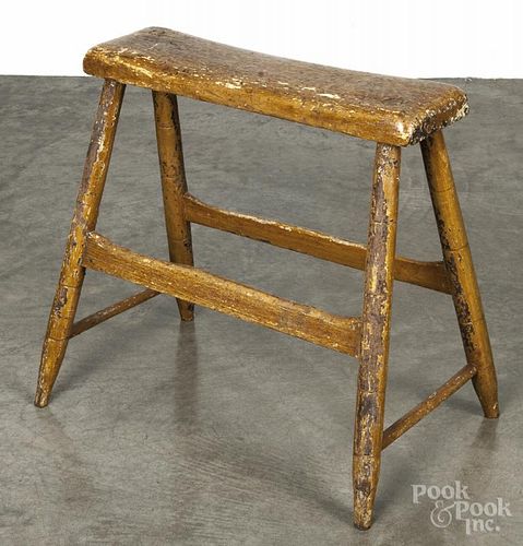 New England painted primitive work stool, 19th c., retaining the original yellow grained surface