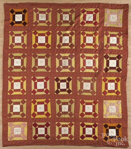 Lancaster County, Pennsylvania patchwork friendship quilt, dated 1856, 88'' x 76''.