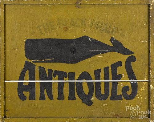 Painted pine trade sign, 20th c. inscribed The Black Whale Antiques, double-sided, 24'' x 30 1/2''.