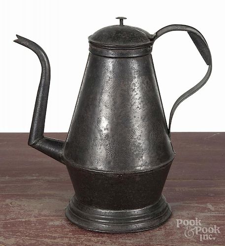 Pennsylvania punched tin goose neck coffee pot, ca. 1800, with potted tulip decoration, 11 1/2'' h.