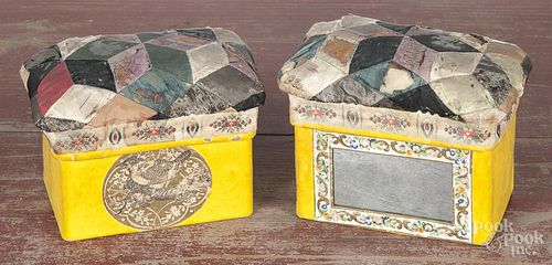Two Victorian paper covered sewing boxes, 19th c., 4'' h., 4 1/2'' w.