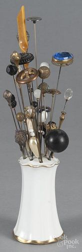 Hat pins, 19th/20th c., together with an R. S. Germany hat pin holder.