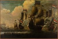 5565140: British School, Ships Engaged in Battle, Oil on Board, 19th Century E9VDL