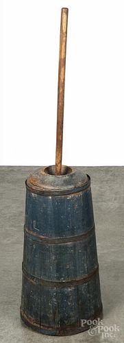 Pennsylvania painted pine butter churn, 19th c., retaining the original blue surface, 23'' h.